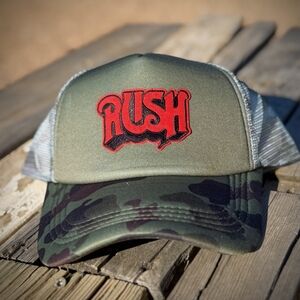 Rush Band Green and Black Camo Trucker Hat with Red Logo